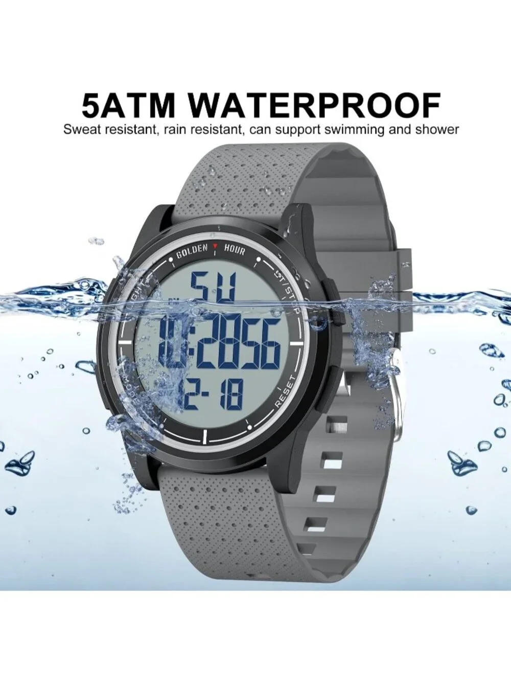 Men's Black Grey Rubber Strap Ultra-Thin Minimalist Waterproof Digital Watch